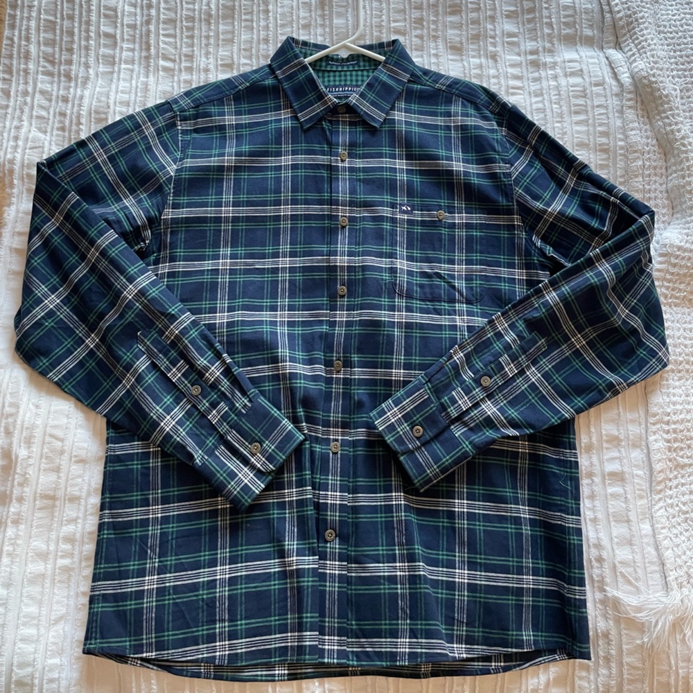 Fish Hippie Co flannel, green and blue, size large